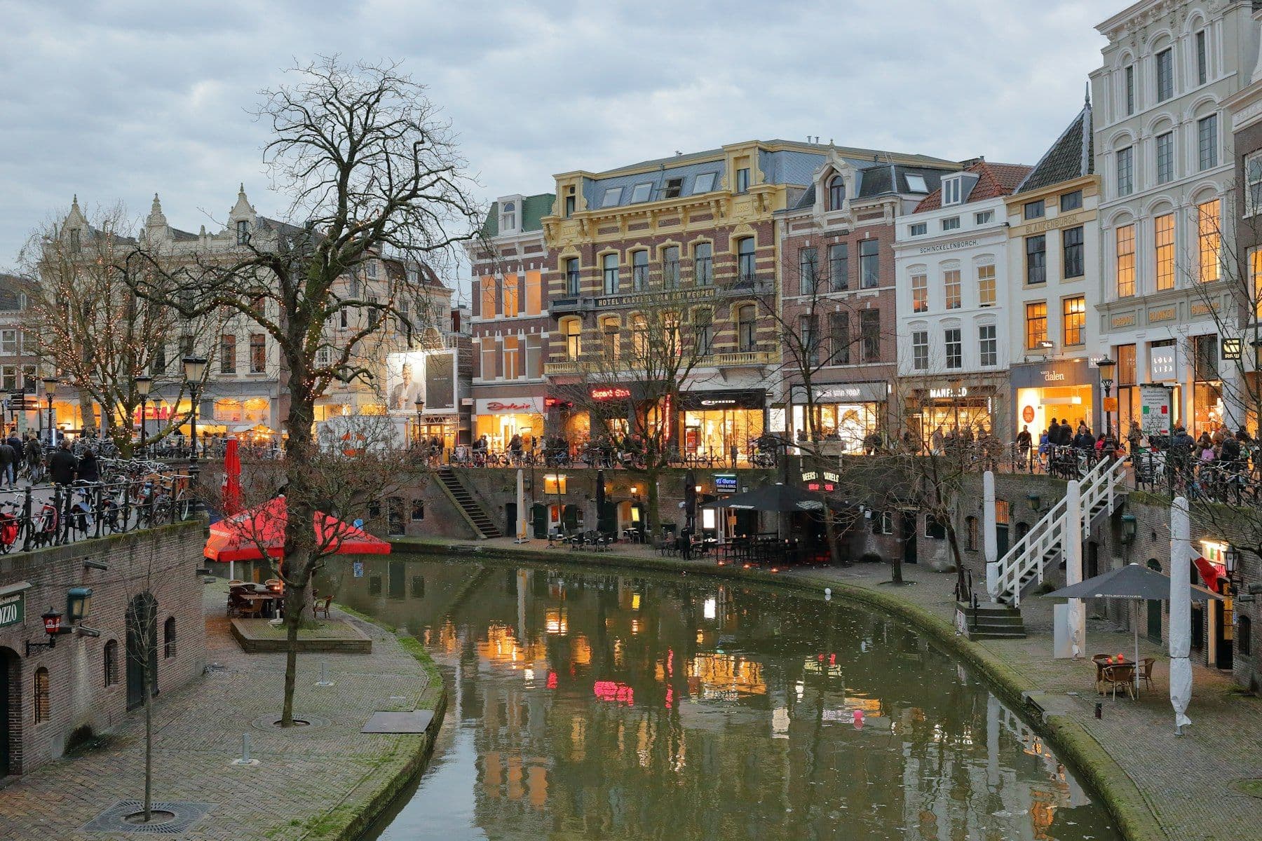 The Oudegracht canal in Utrecht at dusk
